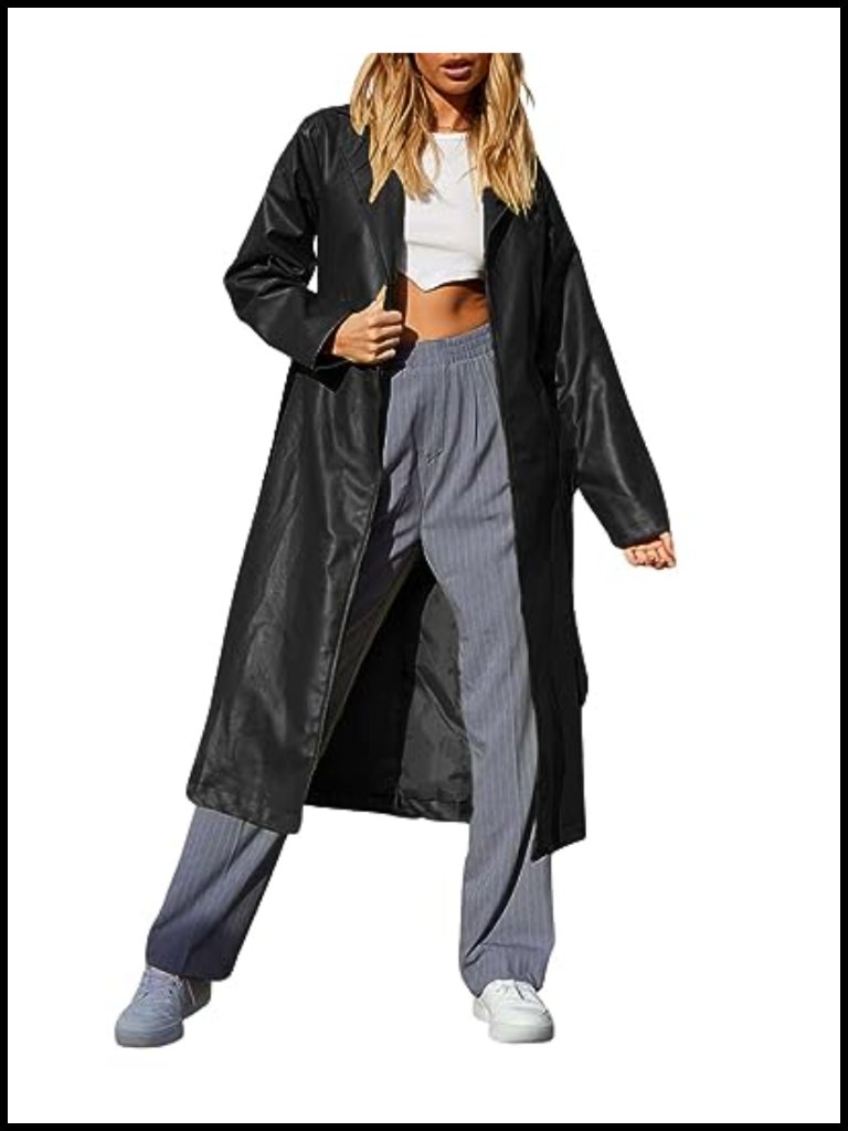 Faux Leather Long Trench Coat With Belt Open Front